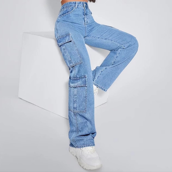FLVSUN High Waist Jeans Cargo Flap Pocket Baggy - Picture 1 of 8